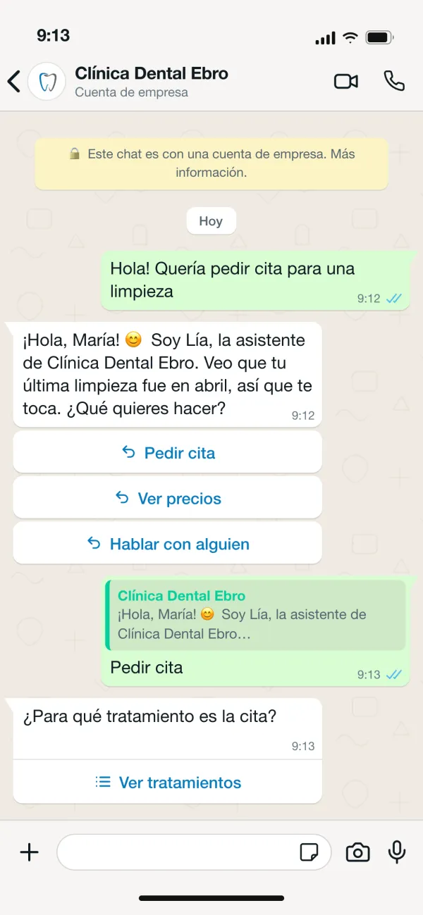 María pide cita por WhatsApp y el asistente le ofrece botones para pedir cita, ver precios o hablar con alguien