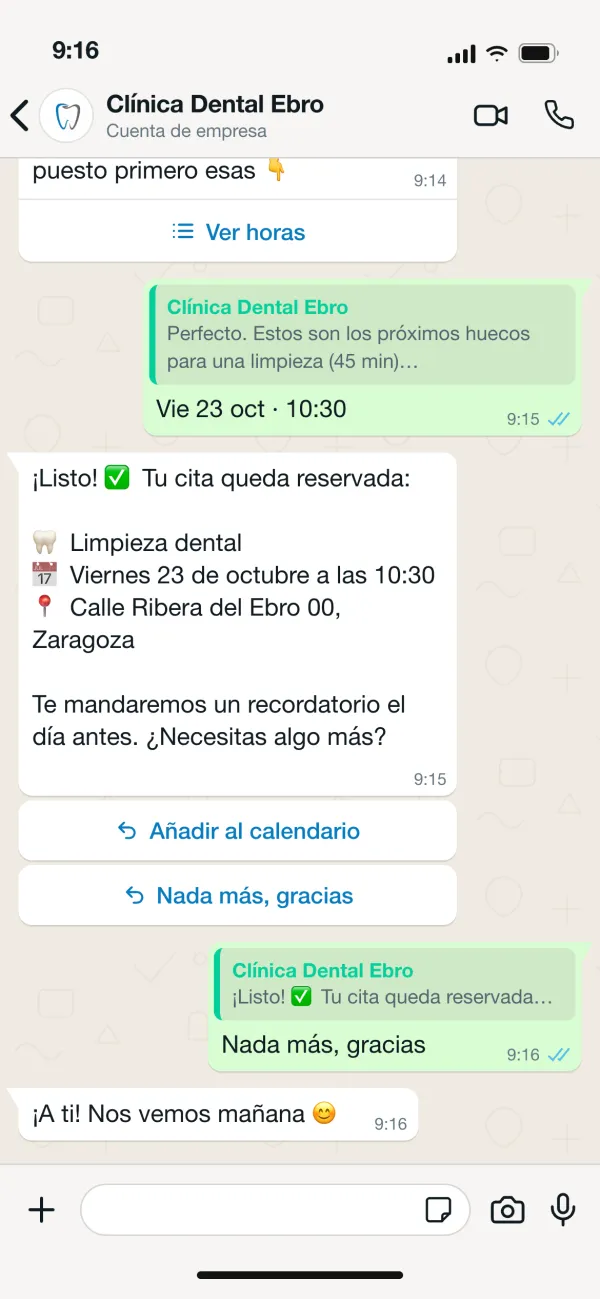 El asistente confirma la cita con el tratamiento, el día, la hora y la dirección
