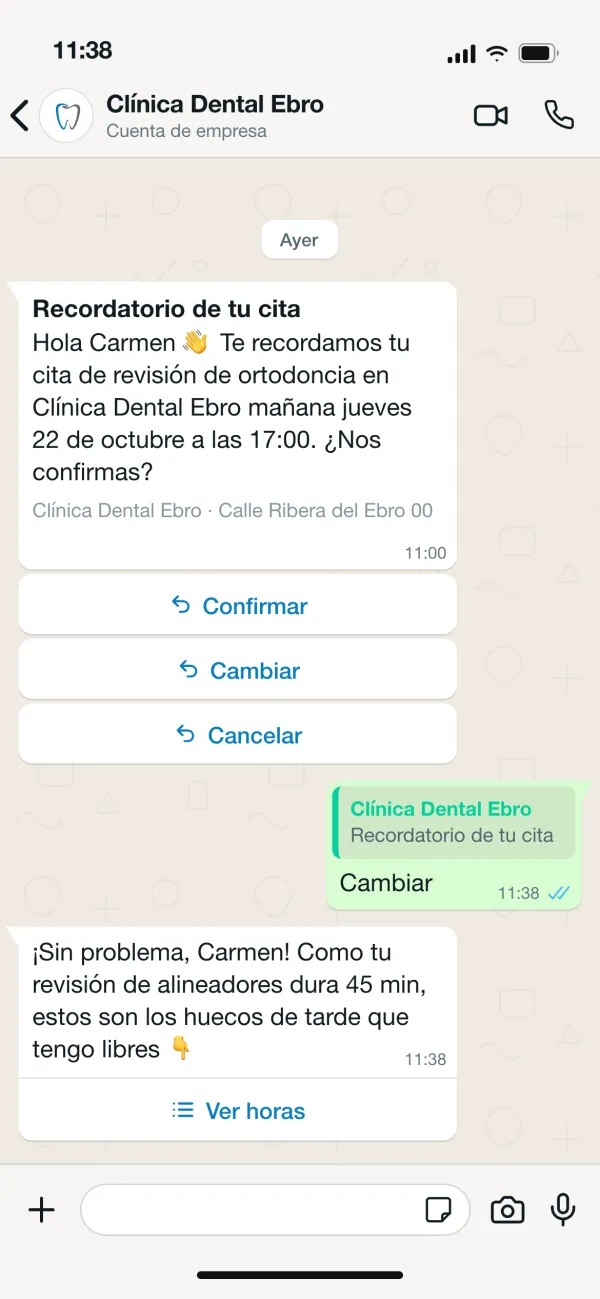 Recordatorio de cita con botones para confirmar, cambiar o cancelar