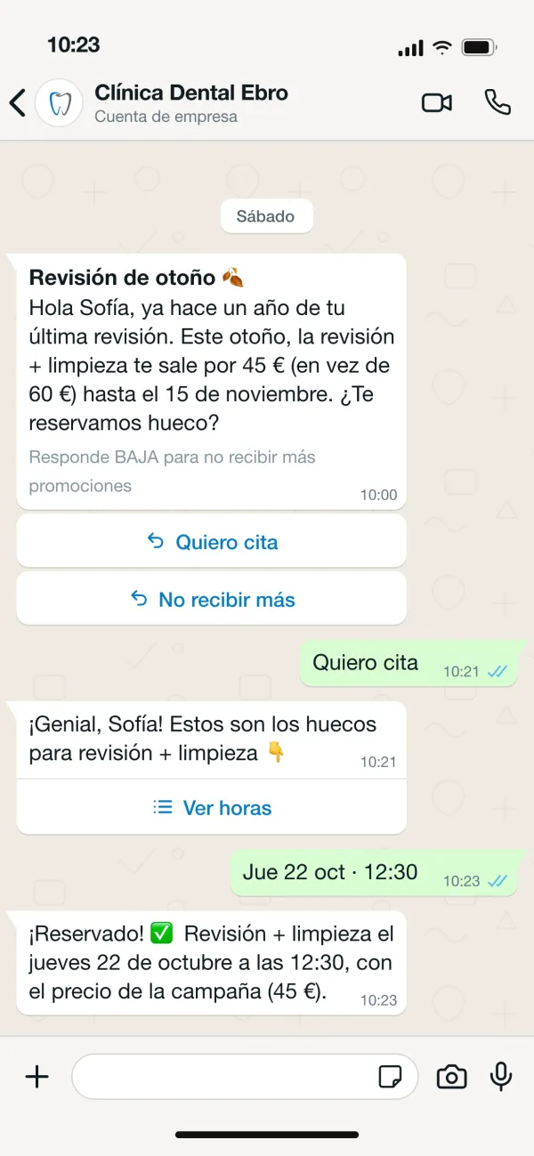 Sofía recibe la campaña de revisión de otoño, pide cita y queda reservada con el precio de la campaña
