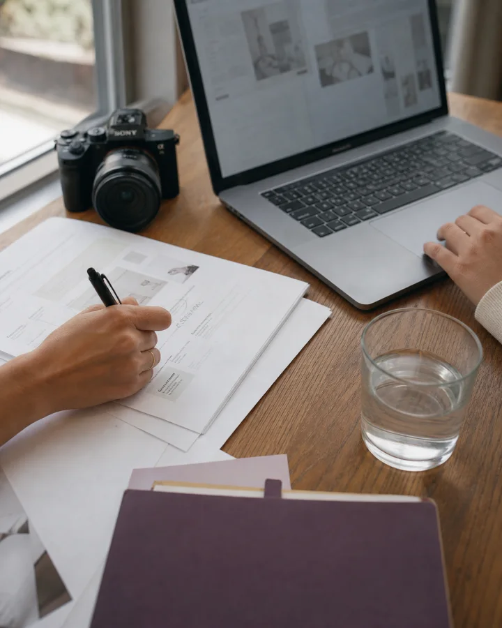 Manos trabajando sobre una propuesta de comunicación junto a un MacBook y una cámara Sony