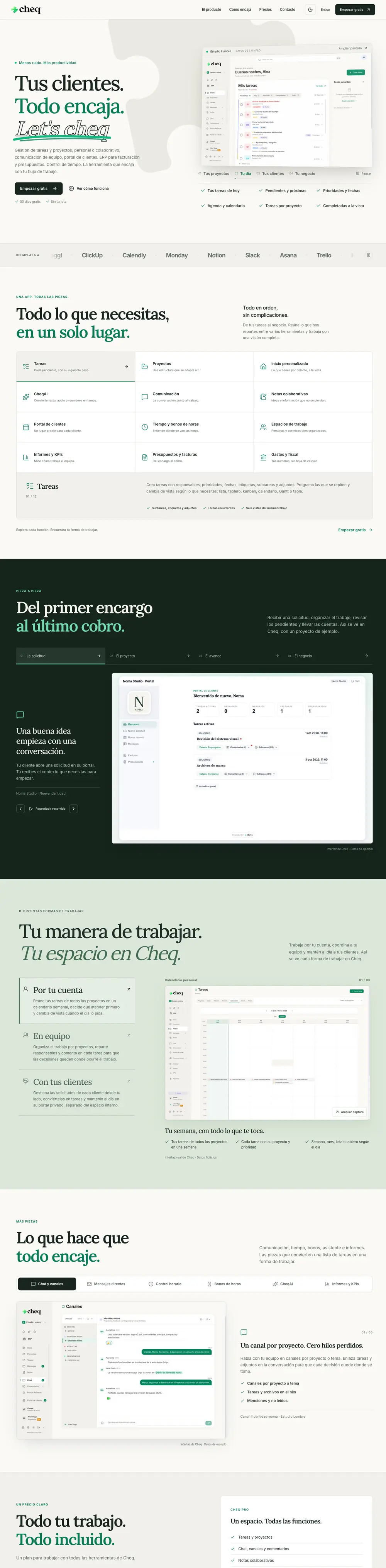 Página de inicio de Cheq con su presentación y una vista de la aplicación de gestión de proyectos