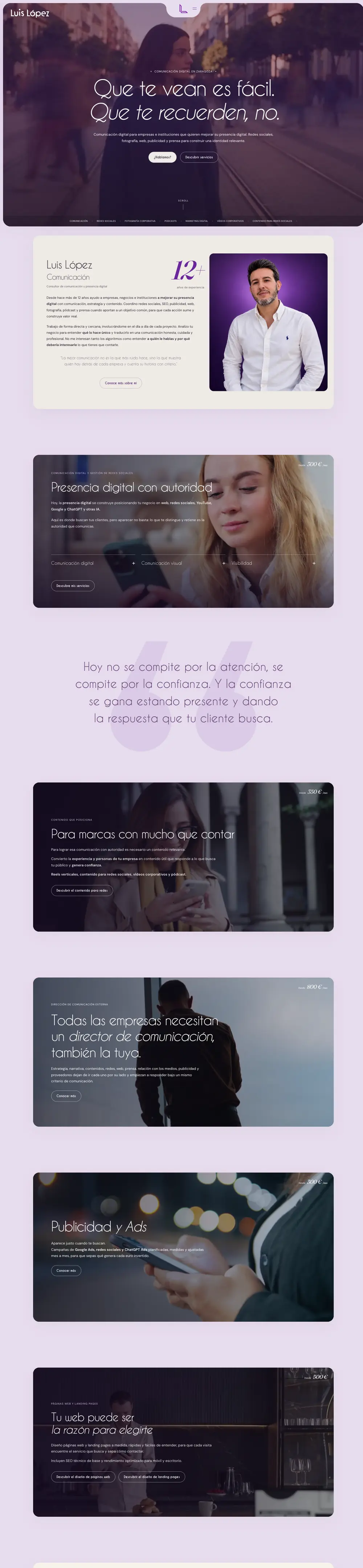 Web de servicios profesionales de Luis López Comunicación: página de inicio con vídeo y presentación de servicios