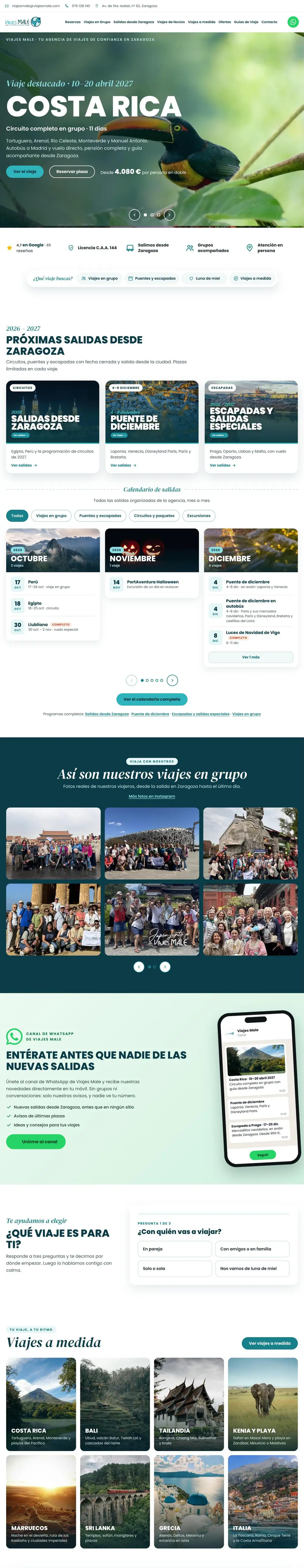 Rediseño completo de la web de Viajes Male: viaje destacado, próximas salidas desde Zaragoza, calendario de viajes y fotos de sus grupos