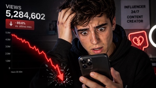 Creador de contenido observando en su móvil la caída de reproducciones de su cuenta