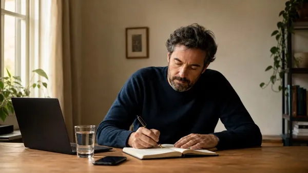 Profesional tomando notas y pensando junto a un ordenador