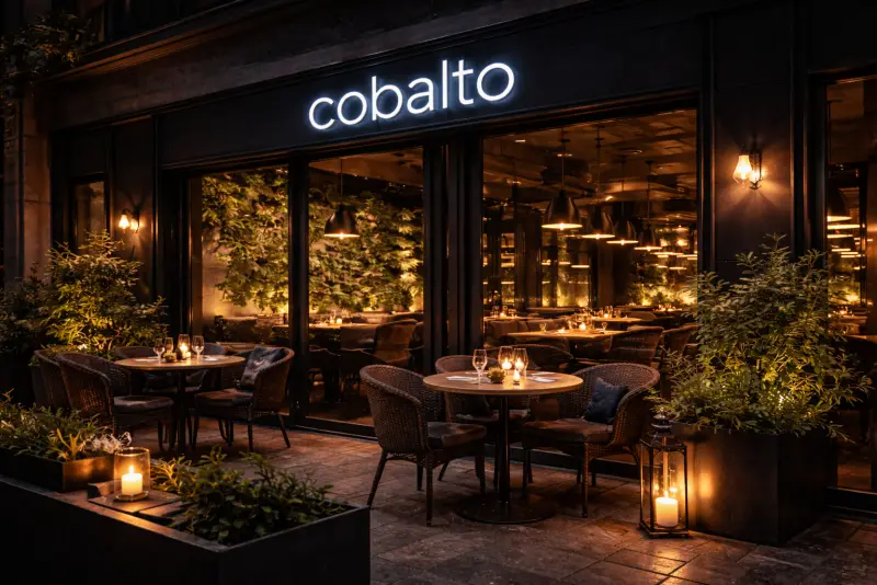 Exterior de Cobalto con su letrero de neón